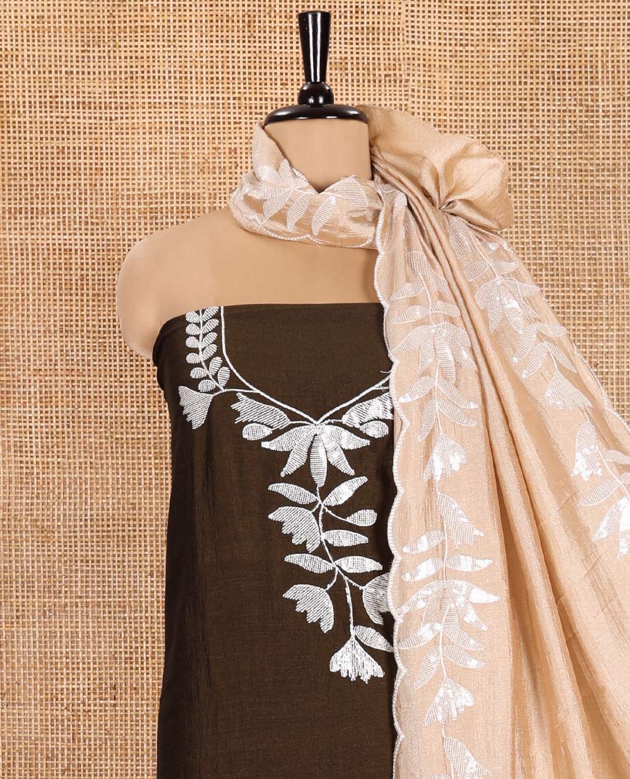 Dark Olive Green Material Churidar Set, Detailed with Floral Motifs Sequins-Thread Embroidered on Its Vichitra Silk Top, Comes with a Contrast Santoon Bottom, and Paired with a Vichitra Silk Floral Embroidered Scallop Dupatta