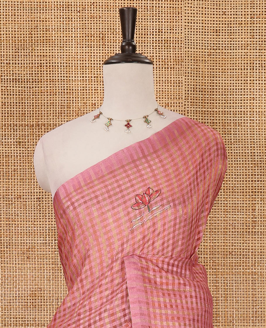 Borderless pink checked & lotus motifs kantha work-style printed fancy tussar saree, painting-style scenery printed pallu & lotus motifs printed blouse