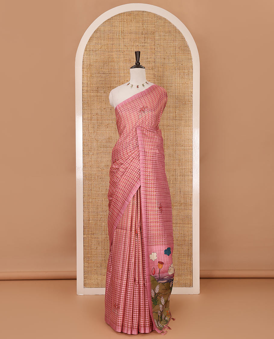 Borderless pink checked & lotus motifs kantha work-style printed fancy tussar saree, painting-style scenery printed pallu & lotus motifs printed blouse