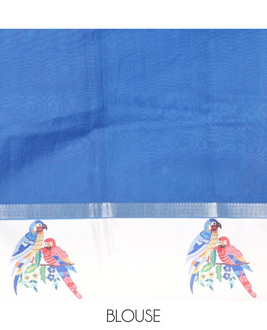 Royal blue zari buttas fancy organza saree, contrast satin with small zari border of macaw parrot motifs digital print, zari pallu, and a running blouse