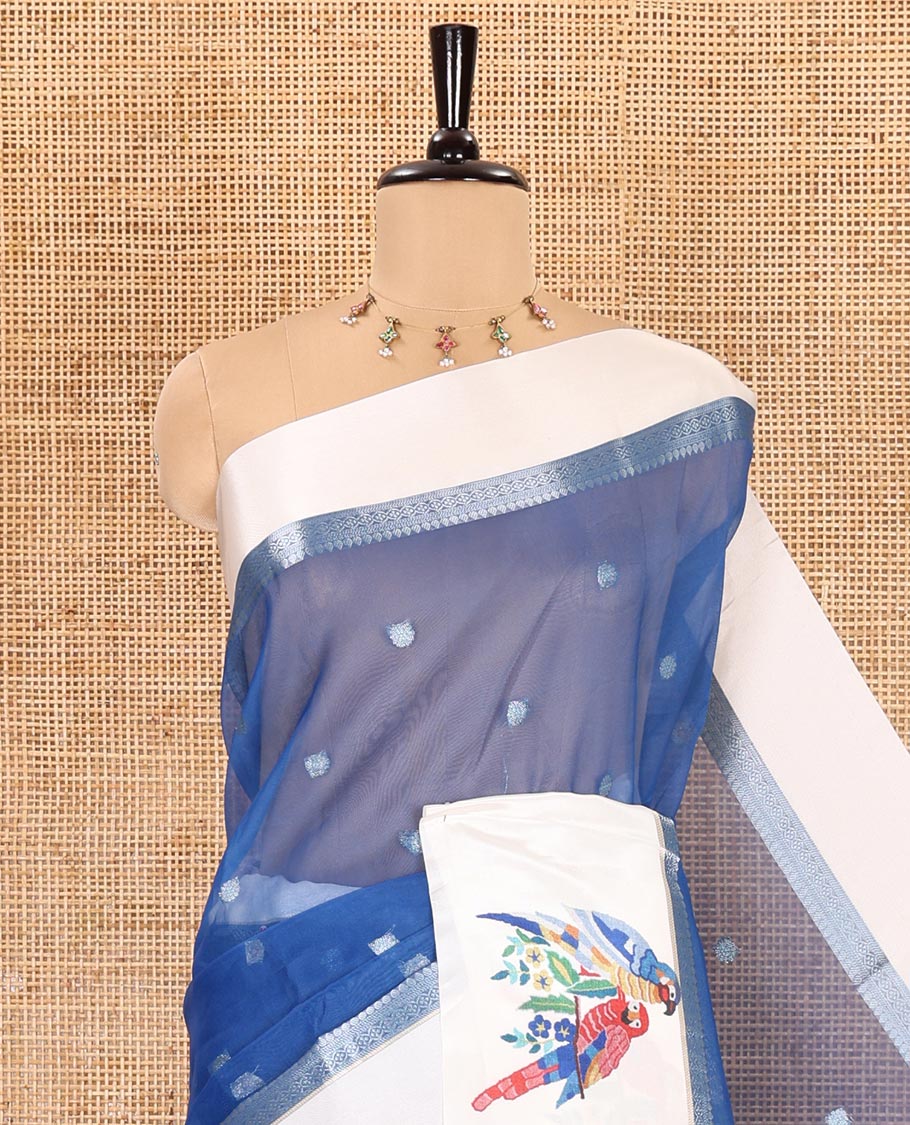Royal blue zari buttas fancy organza saree, contrast satin with small zari border of macaw parrot motifs digital print, zari pallu, and a running blouse