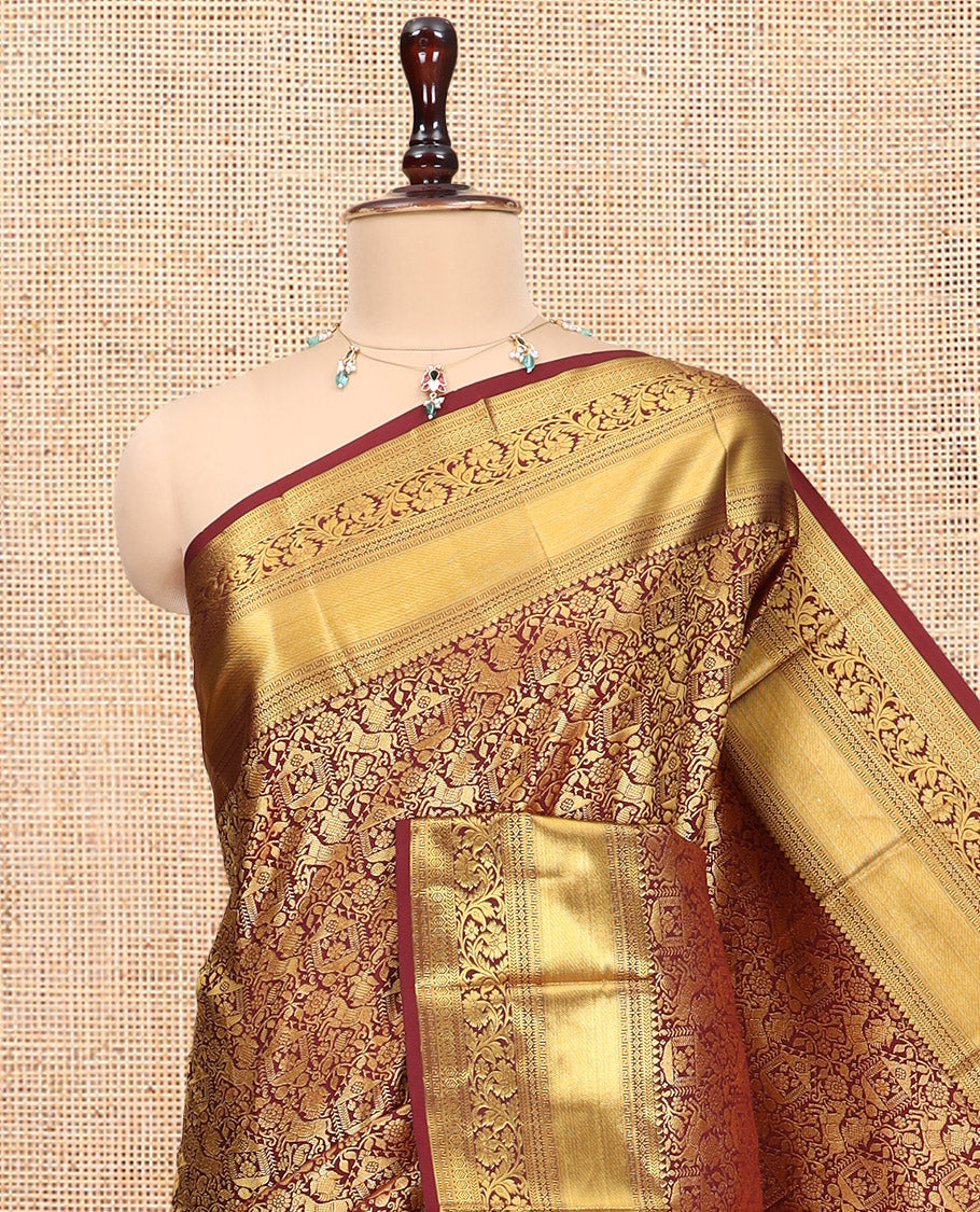 Maroon Budget Silk Saree, Decked Up with Jacquard Design, a Zari Border, Grand Pallu, and a Matching Blouse