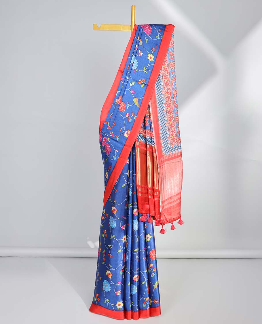 Blue floral vine design semi-banaras printed saree with contrast plain border & striped floral design with zari border