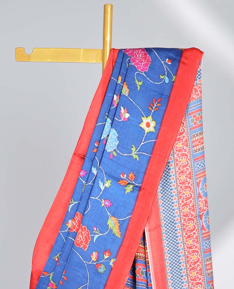 Blue floral vine design semi-banaras printed saree with contrast plain border & striped floral design with zari border