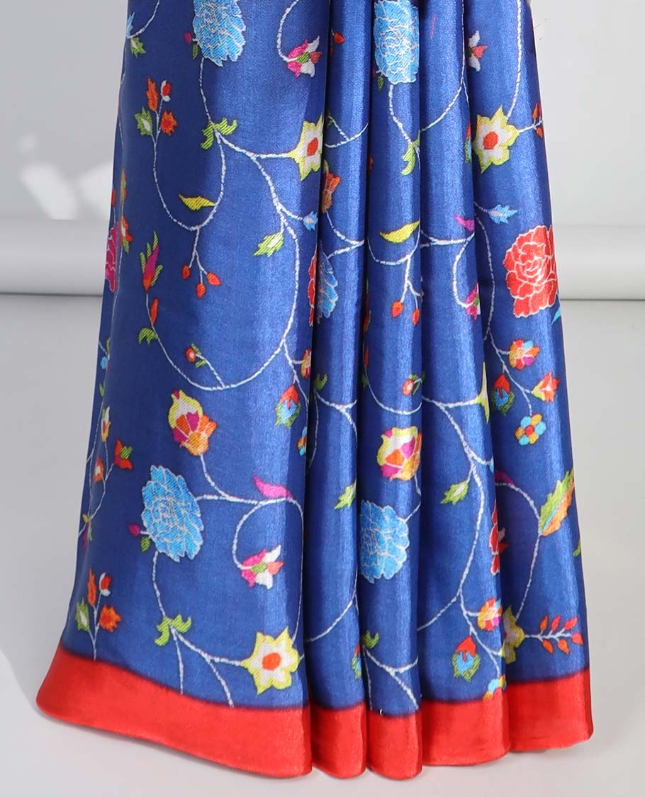 Blue floral vine design semi-banaras printed saree with contrast plain border & striped floral design with zari border