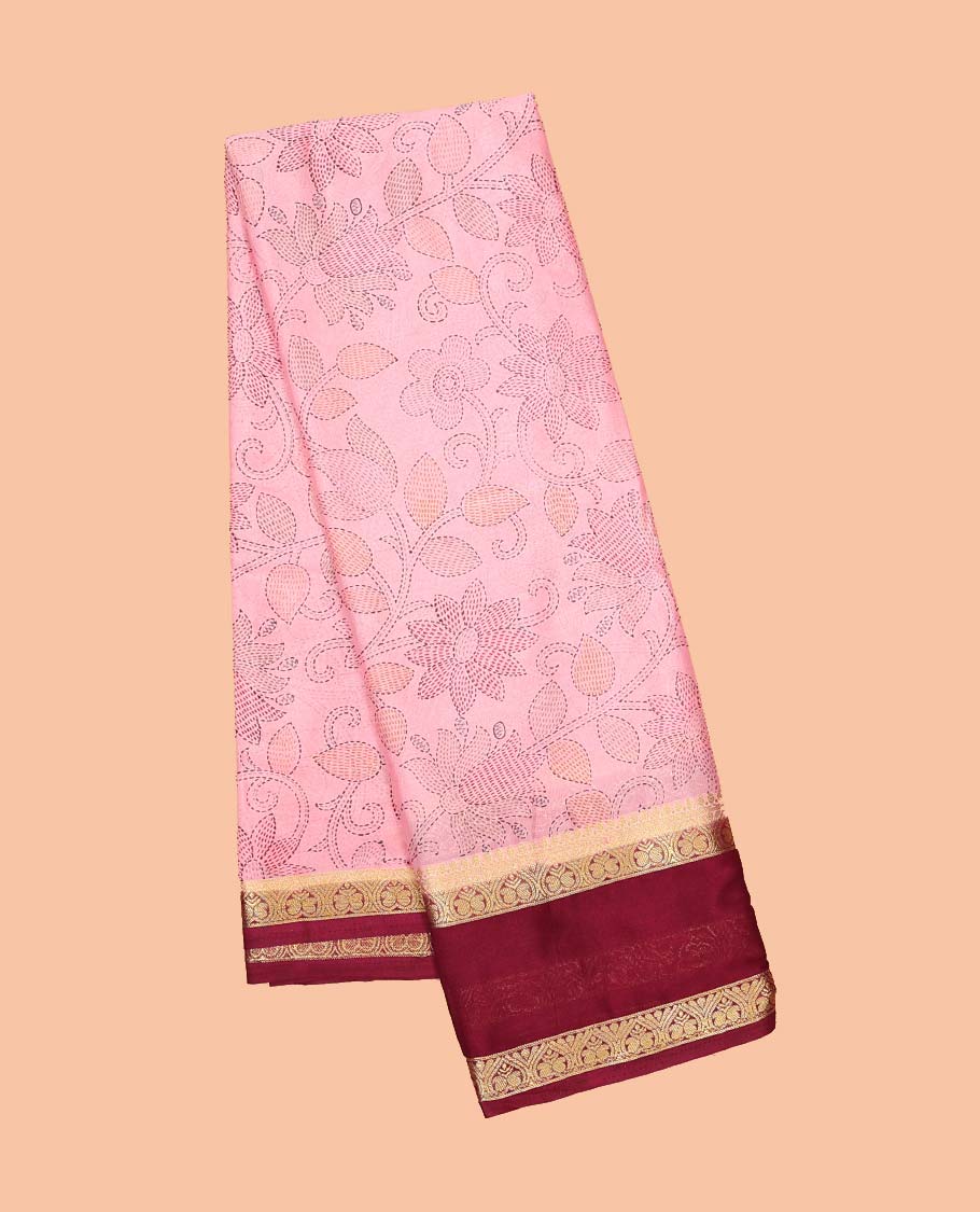 Pink madhubani-style floral vine semi-banaras printed saree, contrast traditional design border & striped pallu