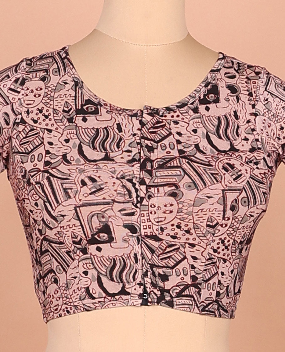 Pink mordern painting style printed front and back round neck elbow sleeve cotton readymade blouse