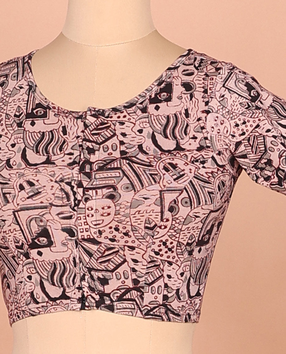 Pink mordern painting style printed front and back round neck elbow sleeve cotton readymade blouse
