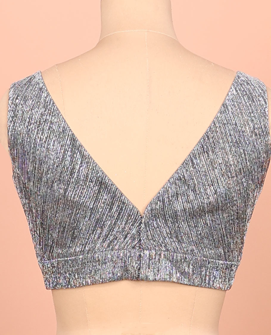 Scintillating grey front-back deep V-neck sleeveless readymade blouse