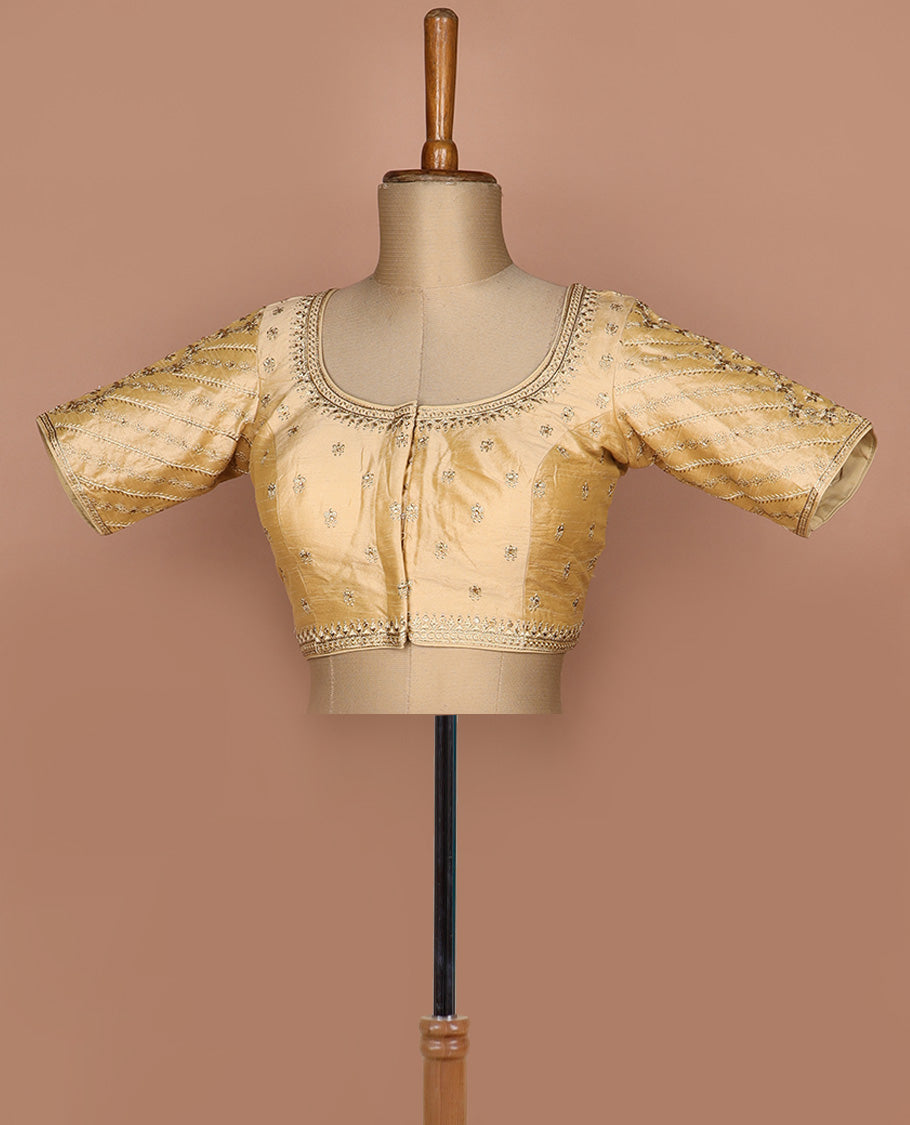 Sandal thread embroidered round neck elbow sleeve raw silk readymade blouse