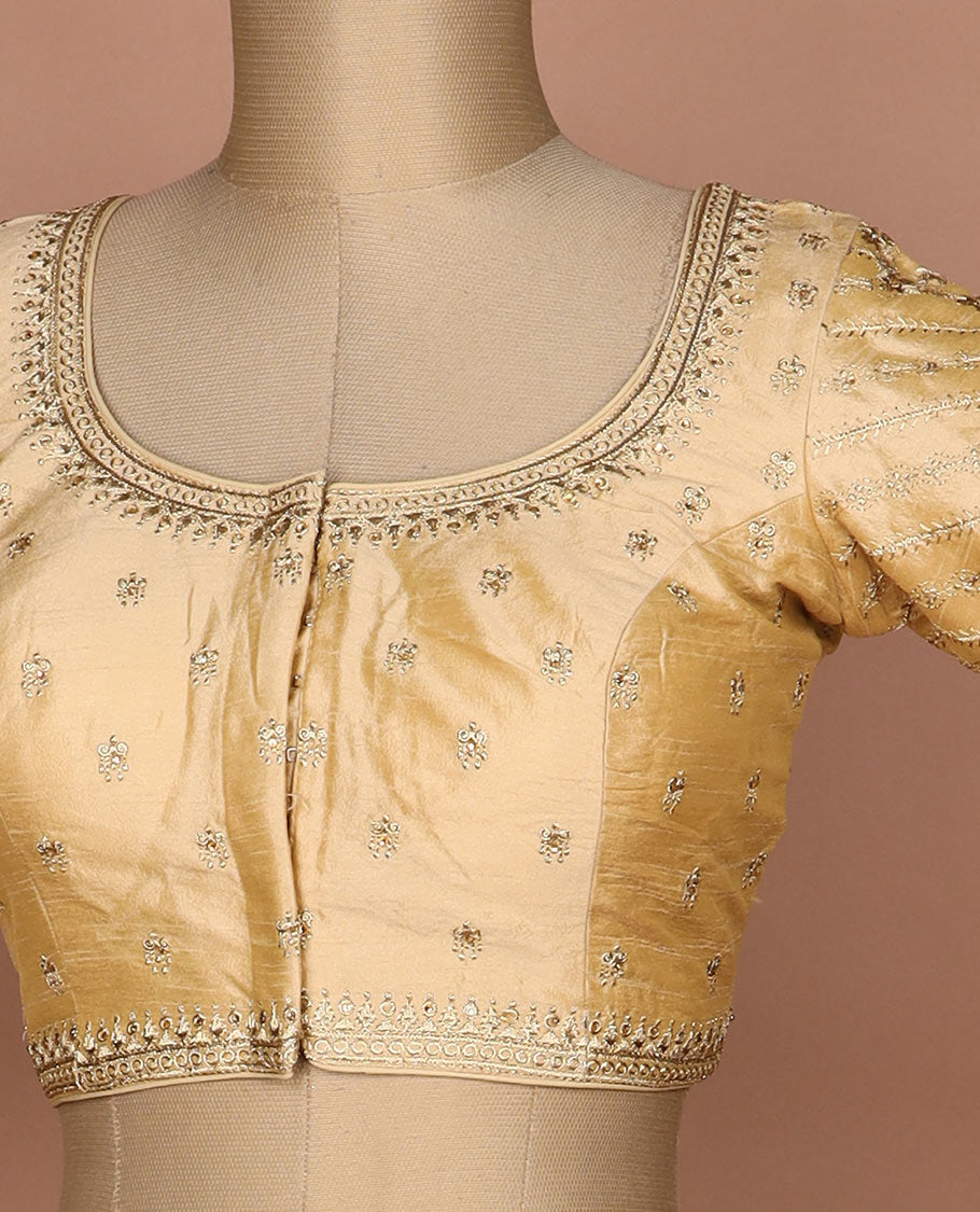 Sandal thread embroidered round neck elbow sleeve raw silk readymade blouse