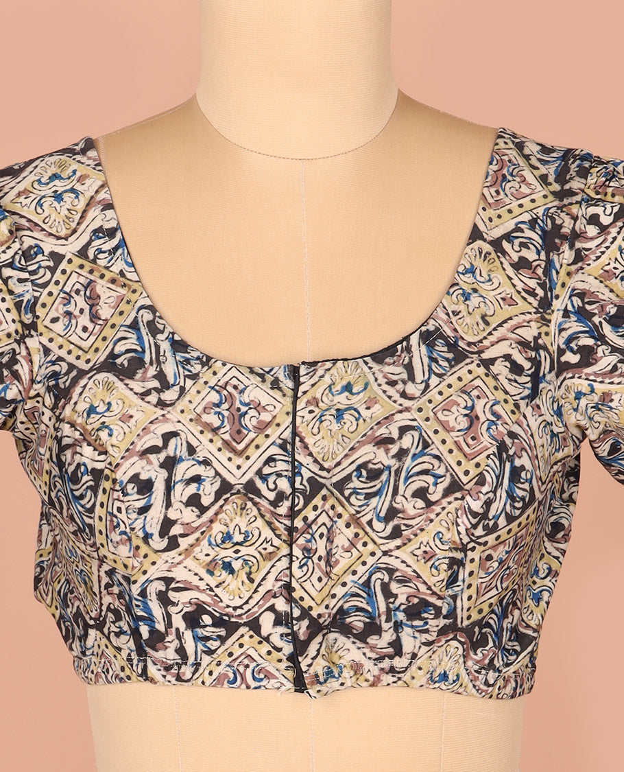 Multi-Color Readymade Blouse Beautifully Bedecked with Geometric Print, Featuring Front Round-Neck, Back Round Neck, and Puff Sleeves