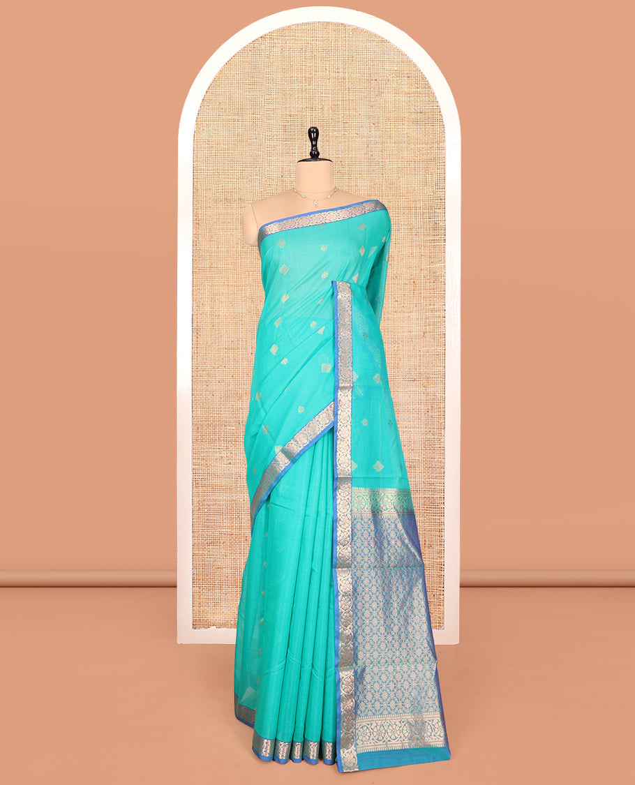 Blue Silk Cotton Saree, Adorned with Zari Buttas, Complemented by Contrast Floral Creeper Border, a Pallu of Intricate Designs, and Contrast Blouse