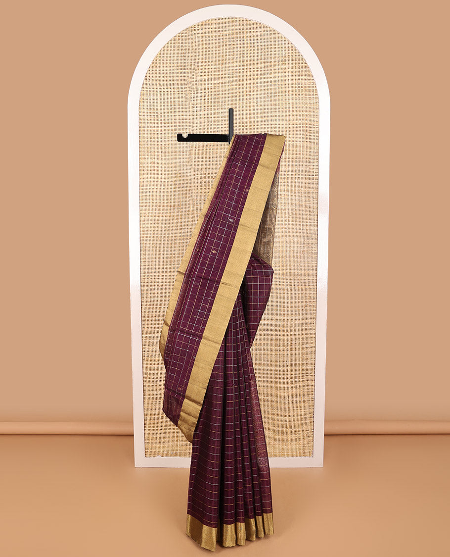 Maroon checked, motifs silk cotton saree with self zari border & floral design pallu