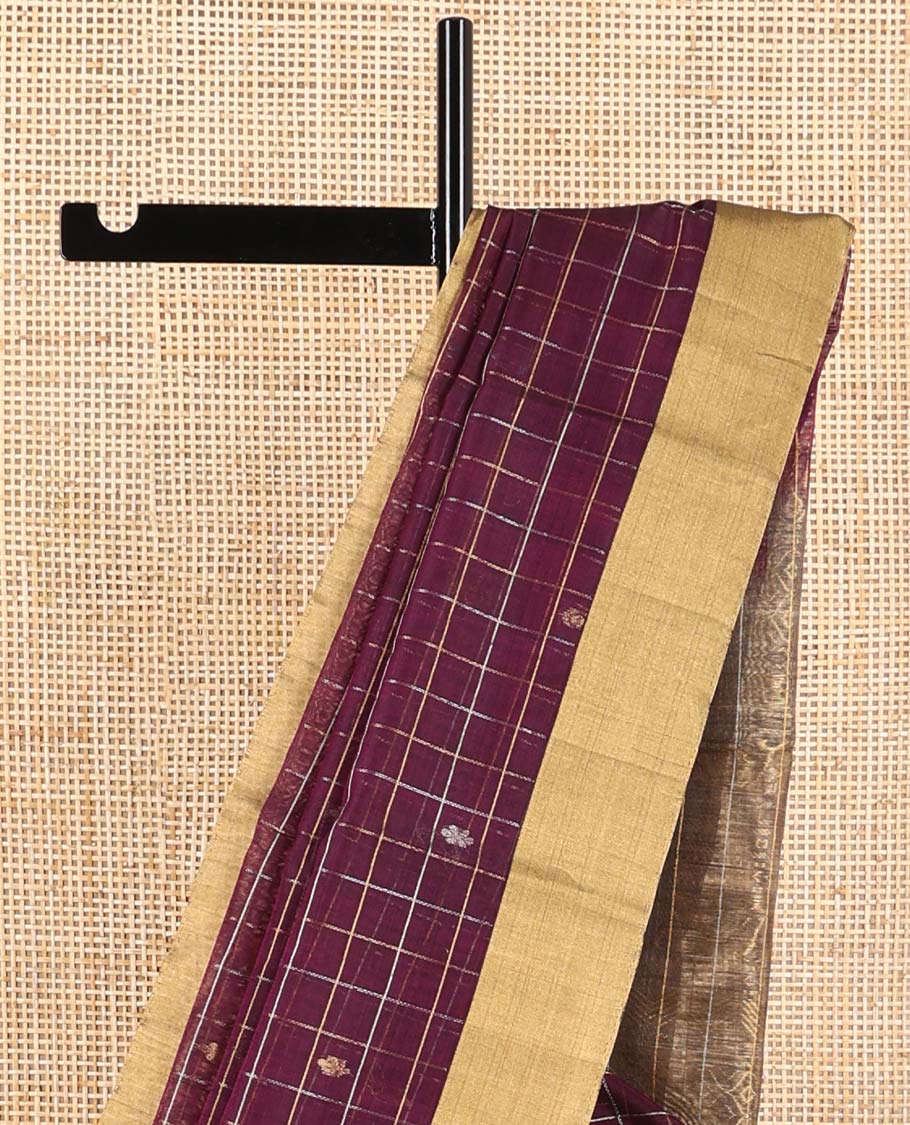 Maroon checked, motifs silk cotton saree with self zari border & floral design pallu