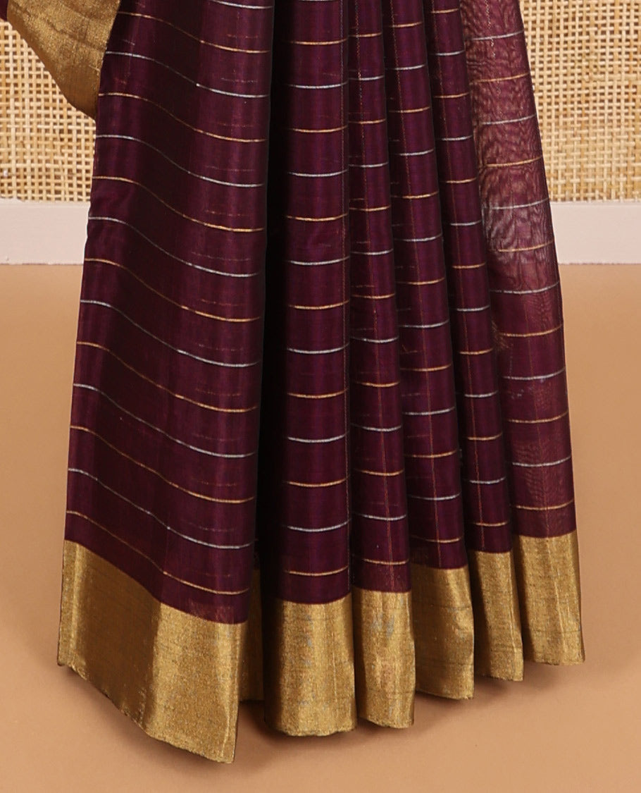 Maroon checked, motifs silk cotton saree with self zari border & floral design pallu