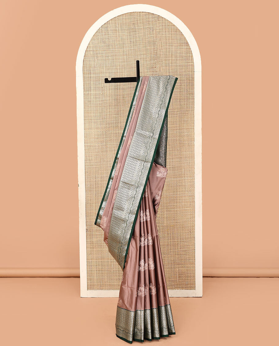 Brown tree buttas soft silk saree, contrast traditional zari design border, and floral design pallu