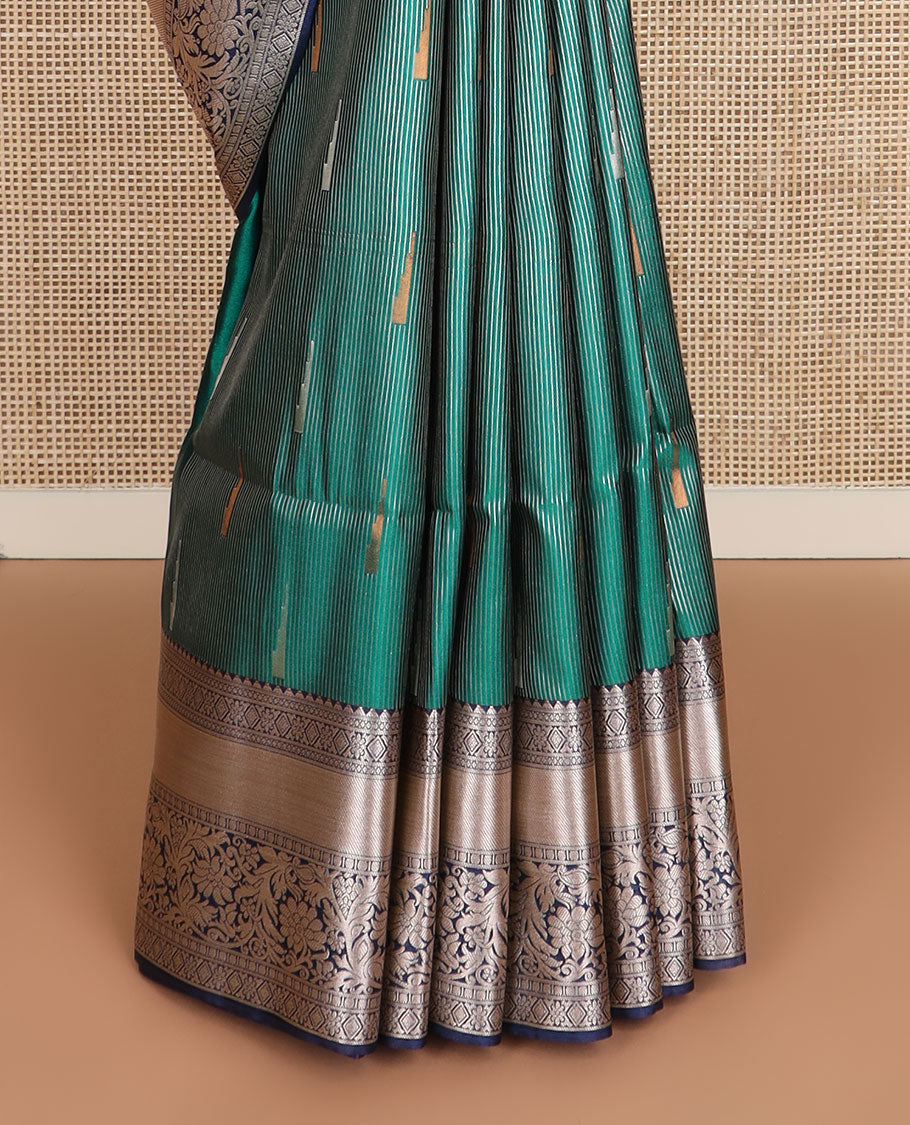 Green zari stripes, and rekku buttas soft silk saree, contrast traditional zari border, and intricate pallu