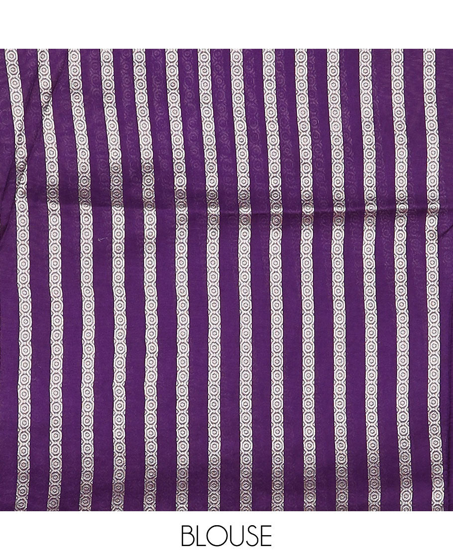 Purple Matka silk saree features Pichwai cow motifs, floral creeper design border, and intricate pallu