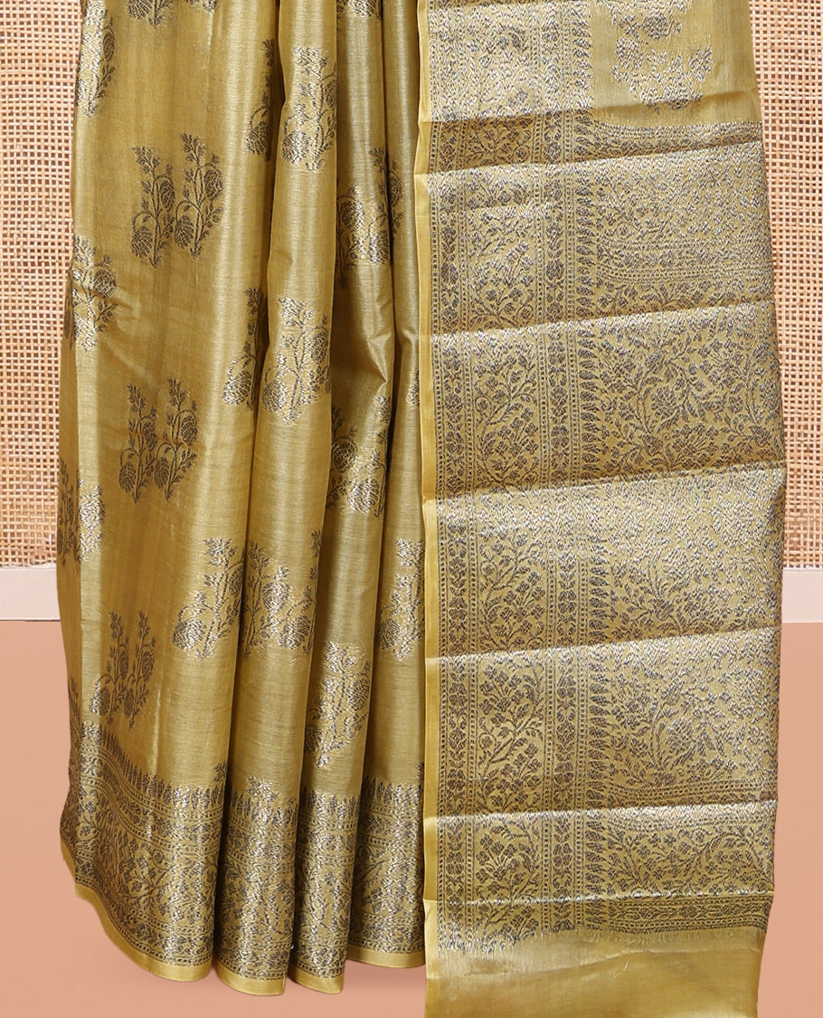 Yellow Tusser Silk Saree, Decorated with Zari Buttas, a Zari Border, Grand Pallu, and a Matching Blouse