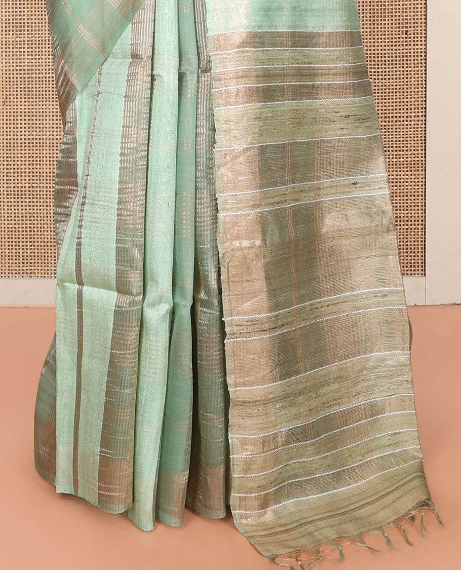Borderless Pale Green Checked Tussar Silk Saree, a Self-Pallu, and a Matching Blouse