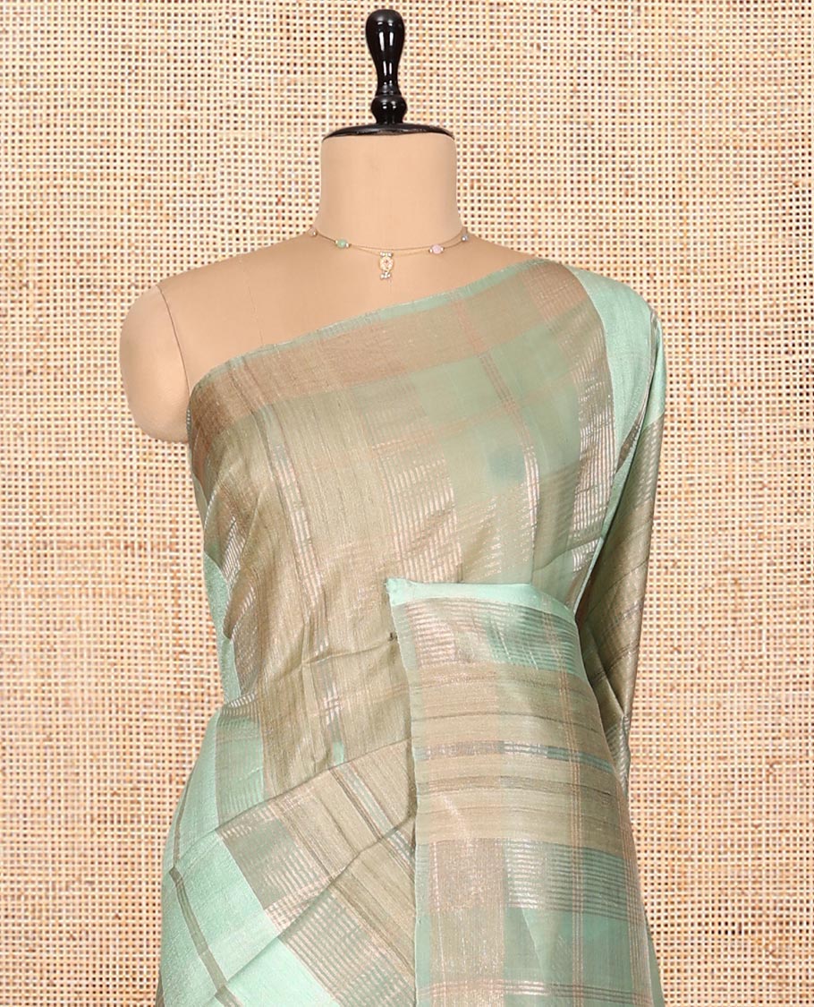 Borderless Pale Green Checked Tussar Silk Saree, a Self-Pallu, and a Matching Blouse