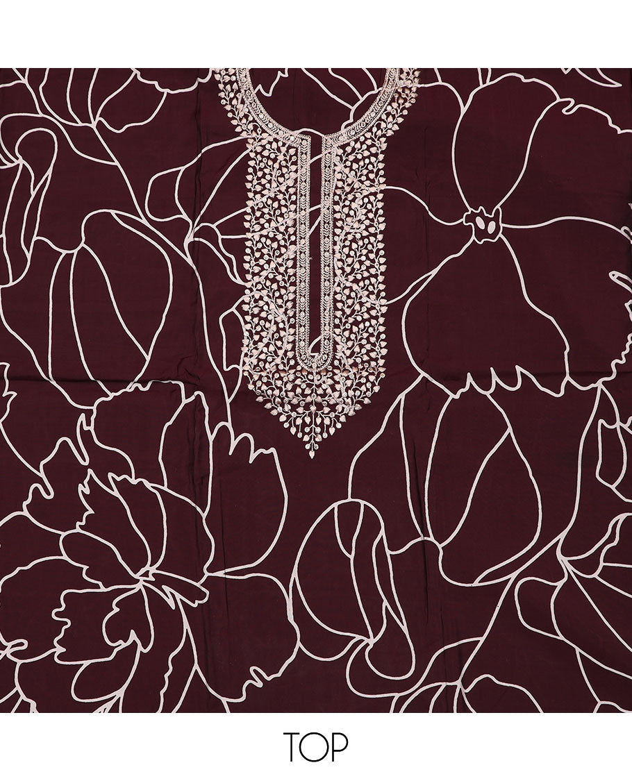 Maroon material churidar set, floral printed and embroidered top, contrast plain bottom, and a sequins embroidered dupatta