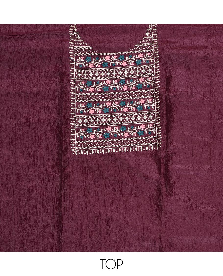 Burgundy material chudidar set, neck embroidered top, contrast plain bottom and crushed dupatta of thread floral embroidery