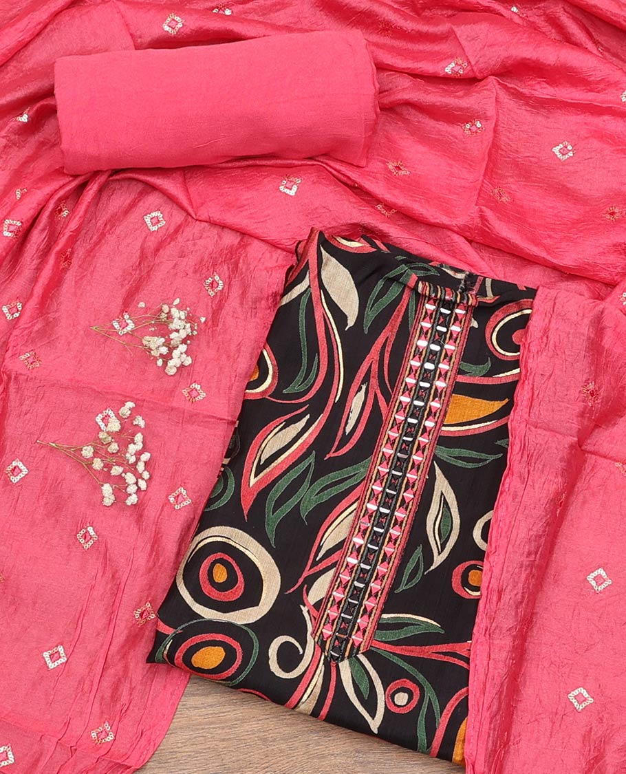 Black Material Chudidar Set, Detailed with Meenakari-Style Leaf Vine Printed Rayon Top, Complemented by Contrast Plain Rayon Bottom, and Paired with Sequins and Thread Embroidered Chanderi Silk Dupatta