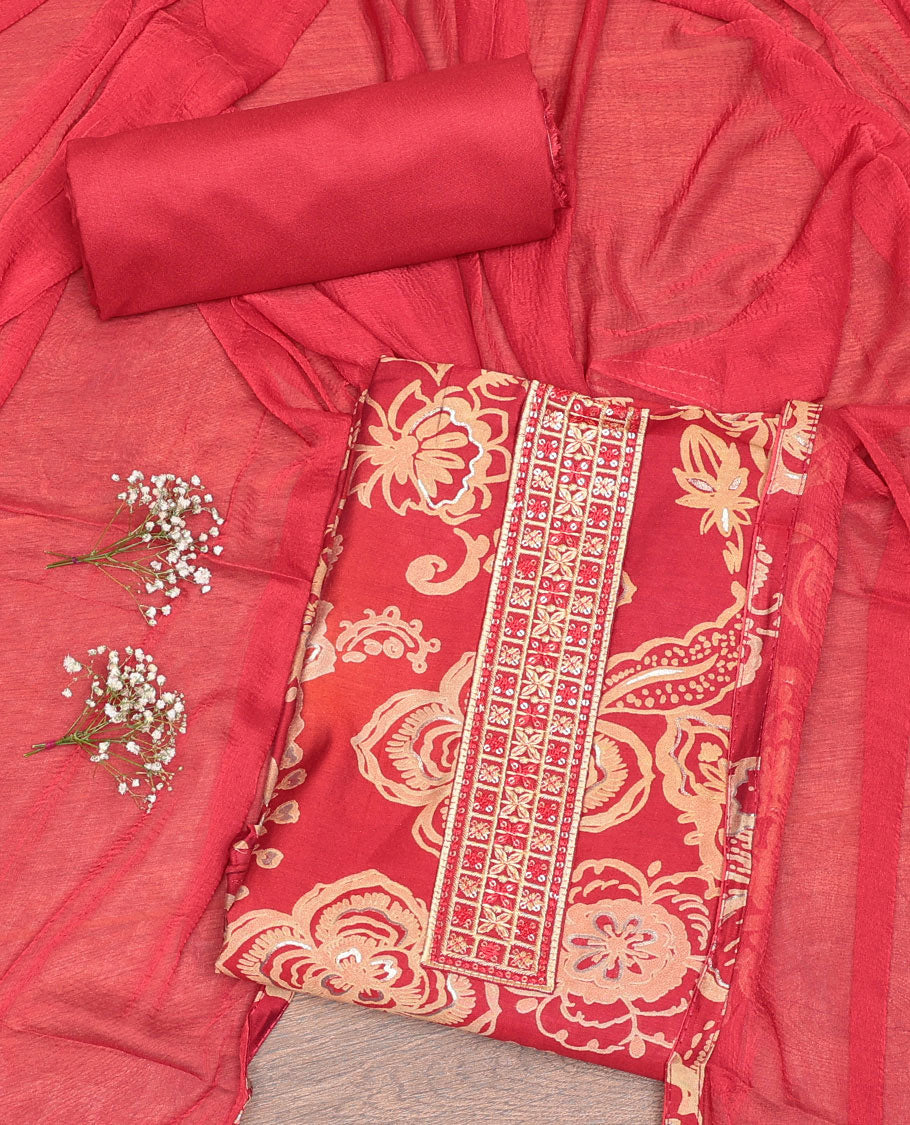 Red Muslin Material Chudidar Set