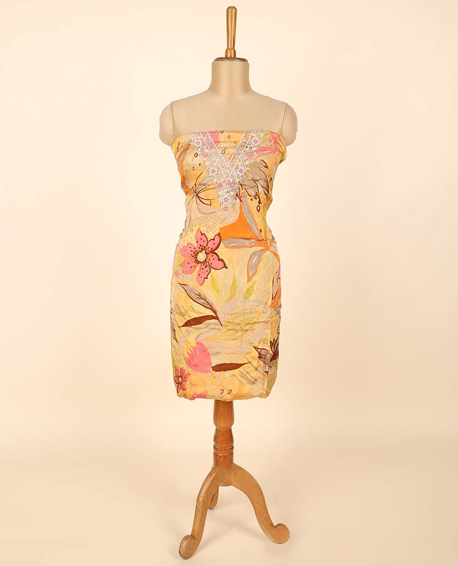 Yellow material chudidhar set, floral print & embroidered top, plain bottom & sequins embroidered dupatta