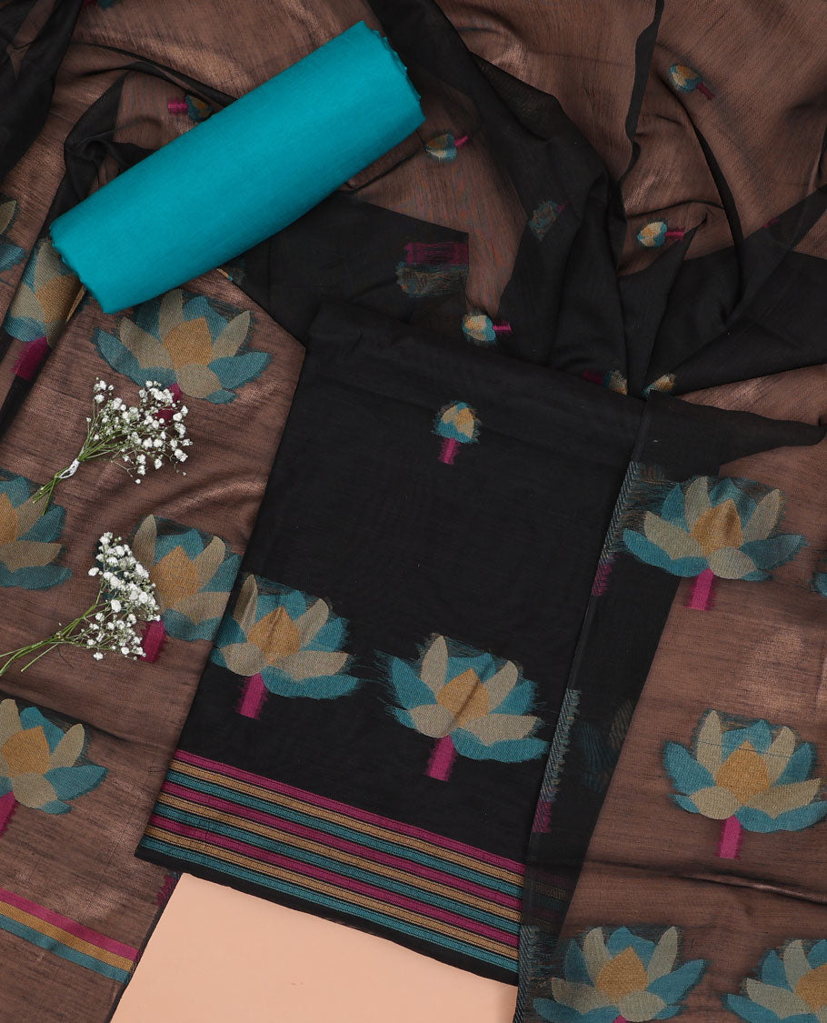 Black chudidhar material set, striped floral motifs top, blue plain bottom & floral motifs dupatta