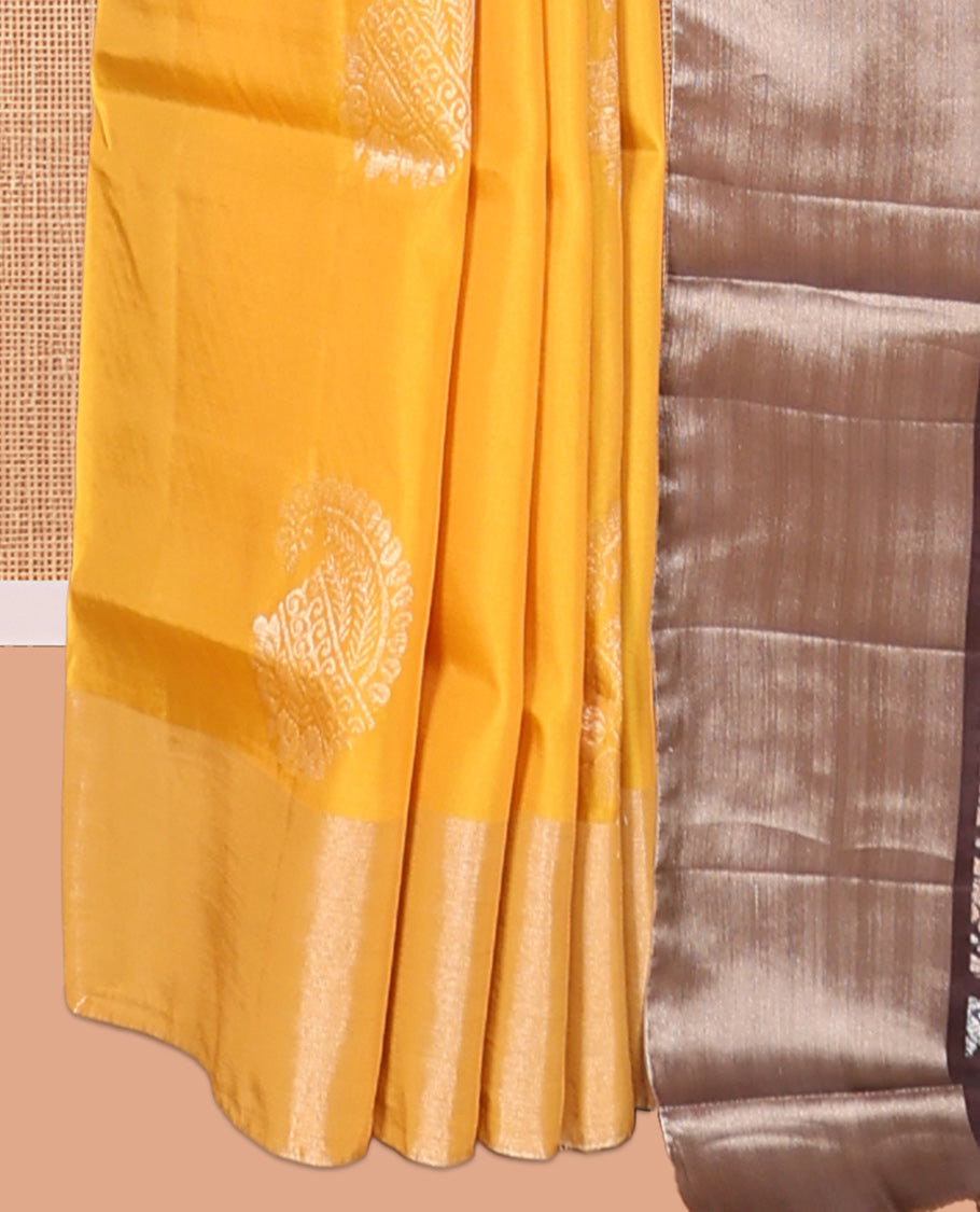 Yellow Semi Uppada Saree, Decorated with Zari Buttas, a Bavanji Border, Contrast Diagonal Leaf Vine Pallu, and a Contrast Blouse