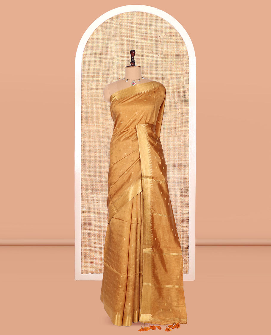Gold Banana Pith Saree, Sparsely Woven with Buttas, a Zari Temple Border, Striped Pallu, and Matching Blouse