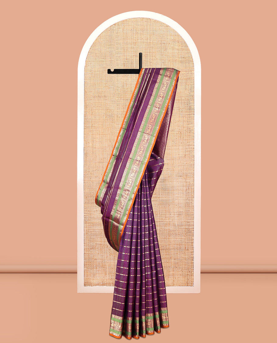 Purple Striped Vasundhara Lite Silk Mix Saree, a Semi-Contrast Rudraksham-Mayil Border, a Matching Blouse
