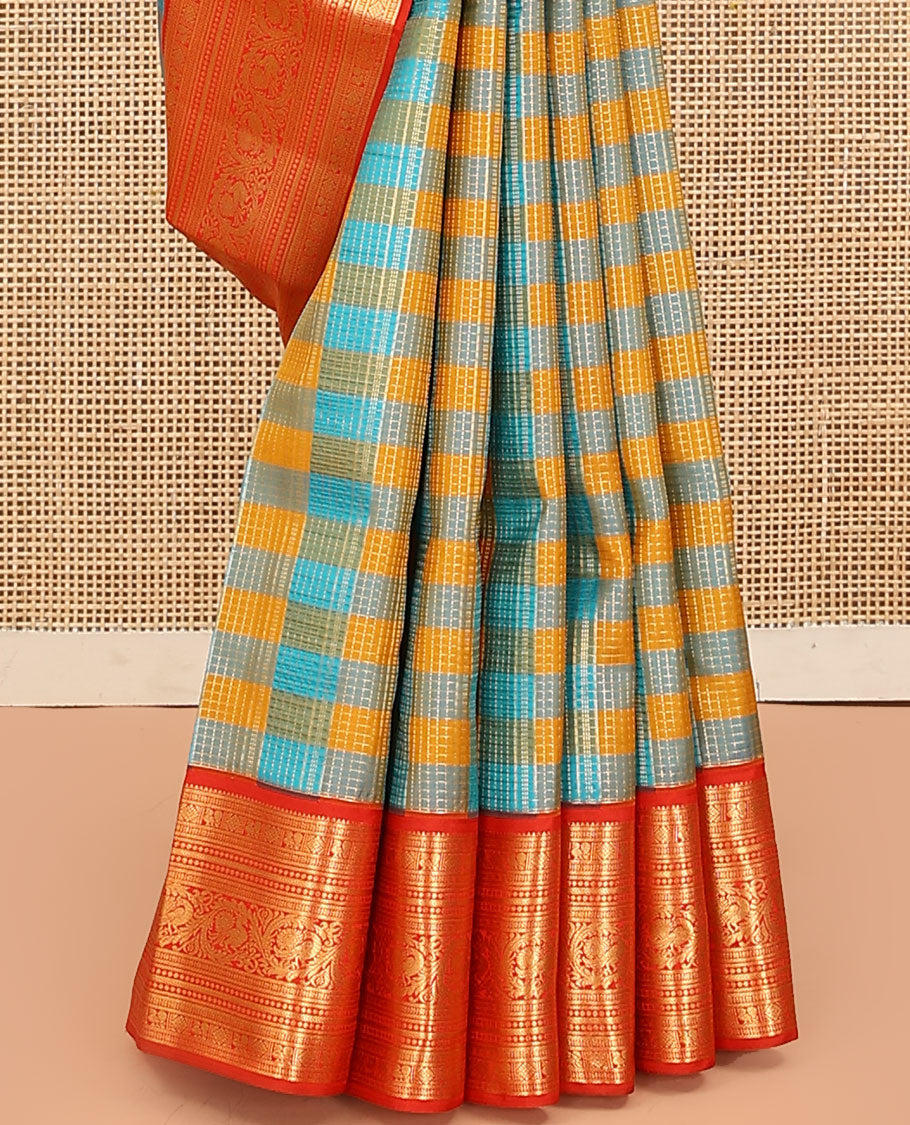 Multi-Color Checked Vasundhara Lite Silk Mix Saree, Gleamed Up with Zari Checks on Its Body, Complemented by a Contrast Border of Rekku, Mayil, Diamond, Kathir, Lavangam, and Mayil Designs, Intricate Pallu, and Paired with a Contrast Blouse