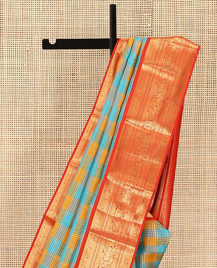 Multi-Color Checked Vasundhara Lite Silk Mix Saree, Gleamed Up with Zari Checks on Its Body, Complemented by a Contrast Border of Rekku, Mayil, Diamond, Kathir, Lavangam, and Mayil Designs, Intricate Pallu, and Paired with a Contrast Blouse