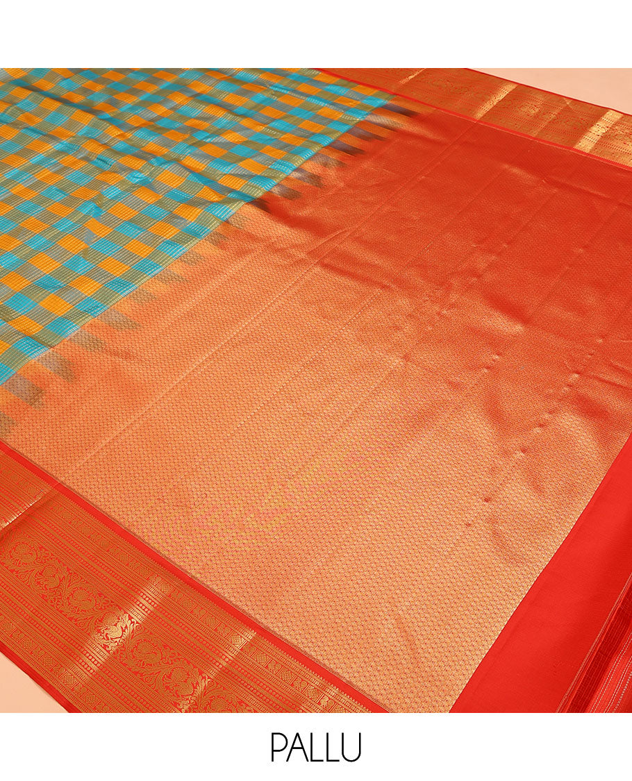 Multi-Color Checked Vasundhara Lite Silk Mix Saree, Gleamed Up with Zari Checks on Its Body, Complemented by a Contrast Border of Rekku, Mayil, Diamond, Kathir, Lavangam, and Mayil Designs, Intricate Pallu, and Paired with a Contrast Blouse