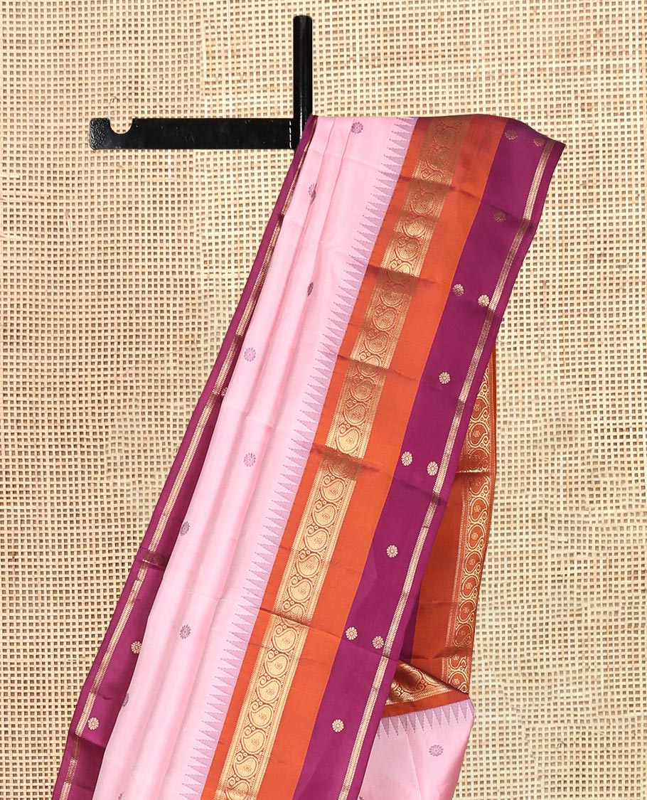 Pink Vasundhara Lite Silk Mix Saree, Woven with Buttas, a Contrast Border of Thazampoo Rekku, Banaras, Muthu, and Manga Designs, Grand Pallu, and a Contrast Blouse