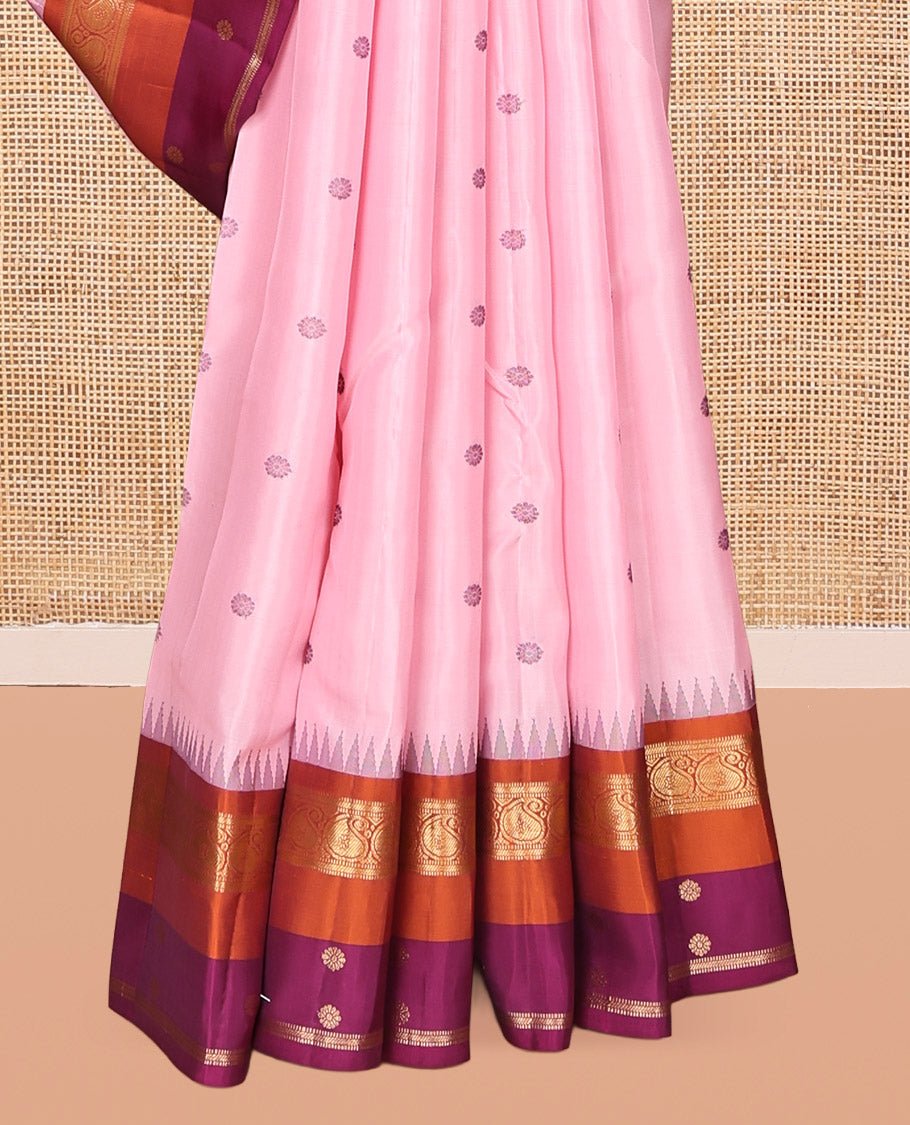 Pink Vasundhara Lite Silk Mix Saree, Woven with Buttas, a Contrast Border of Thazampoo Rekku, Banaras, Muthu, and Manga Designs, Grand Pallu, and a Contrast Blouse