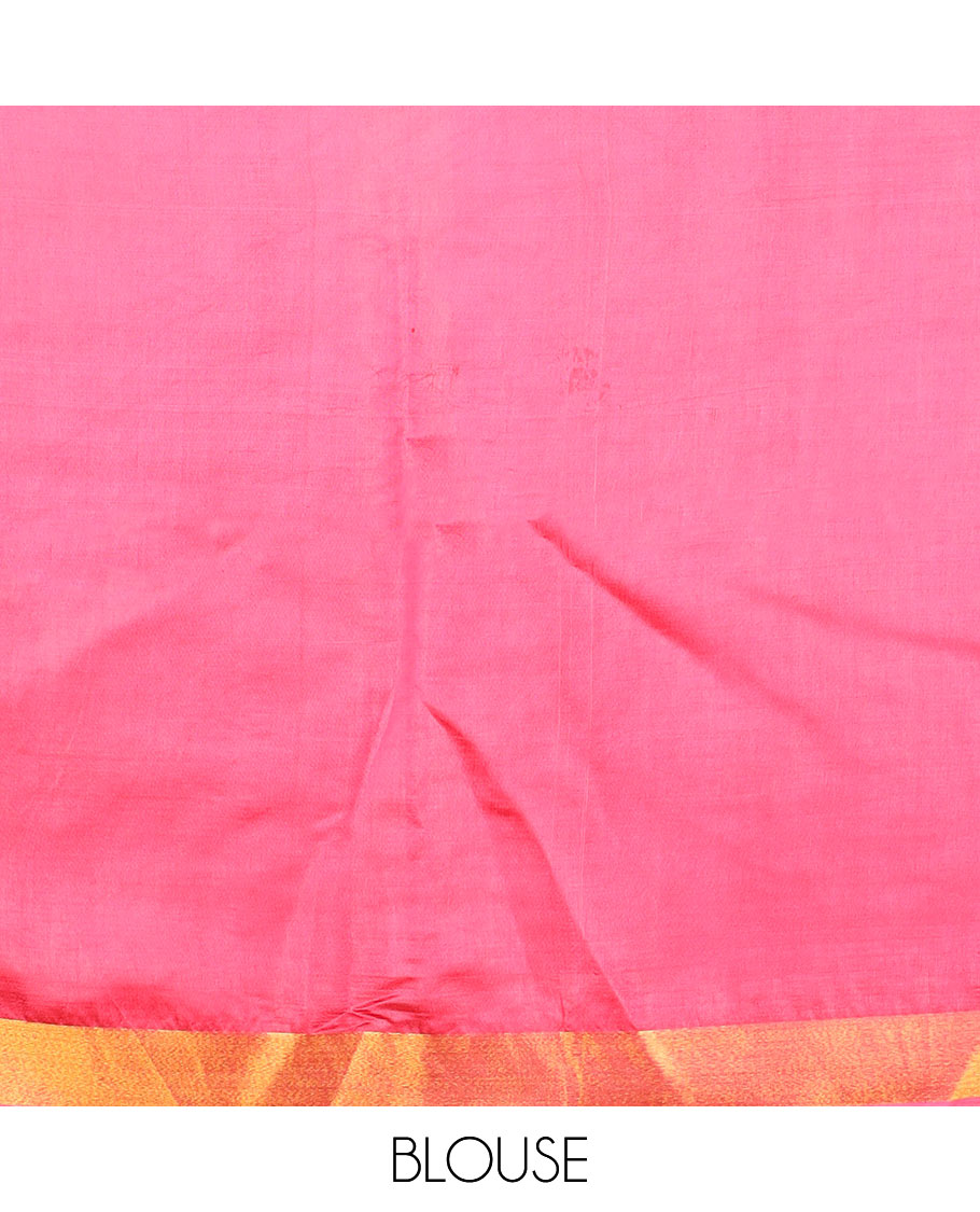 Pink buttas banana pith saree, bavanji zari border, and zari striped pallu