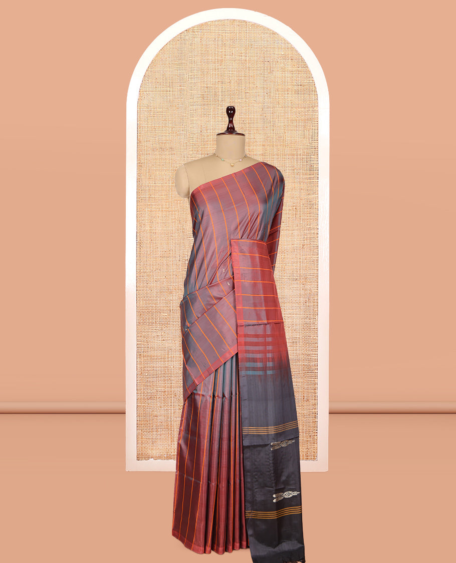 Borderless Maroon Striped Banana Pith Saree, Woven with Buttas, a Contrast Pallu of Stripes and Buttas, and a Contrast Blouse