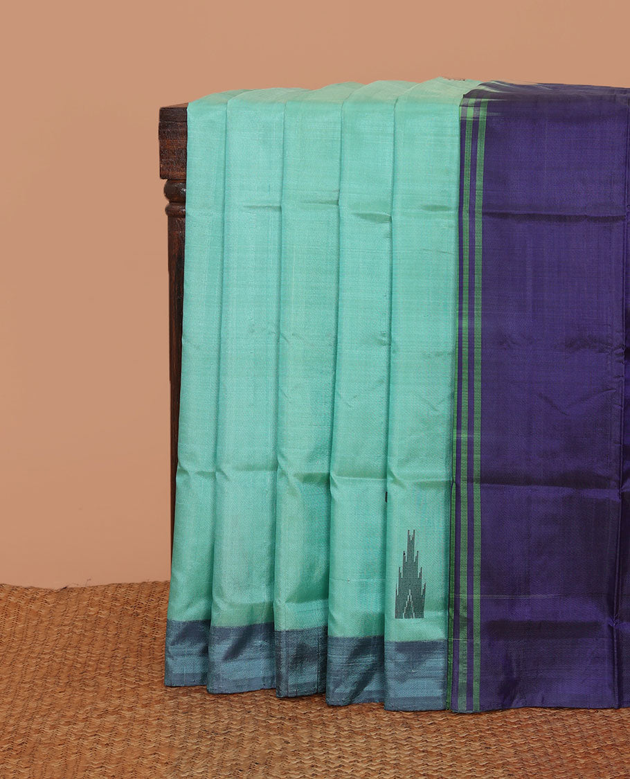 Green temple buttas banana pith saree, contrast plain border, and pallu of temple and stripes