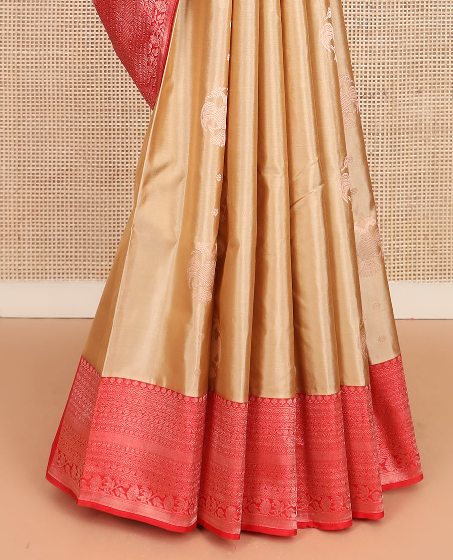 Gold iruthalai pakshi buttas woven silk saree, contrast border of thilakam mokku, neli, and kodi visiry designs, and pallu of traditional zari designs
