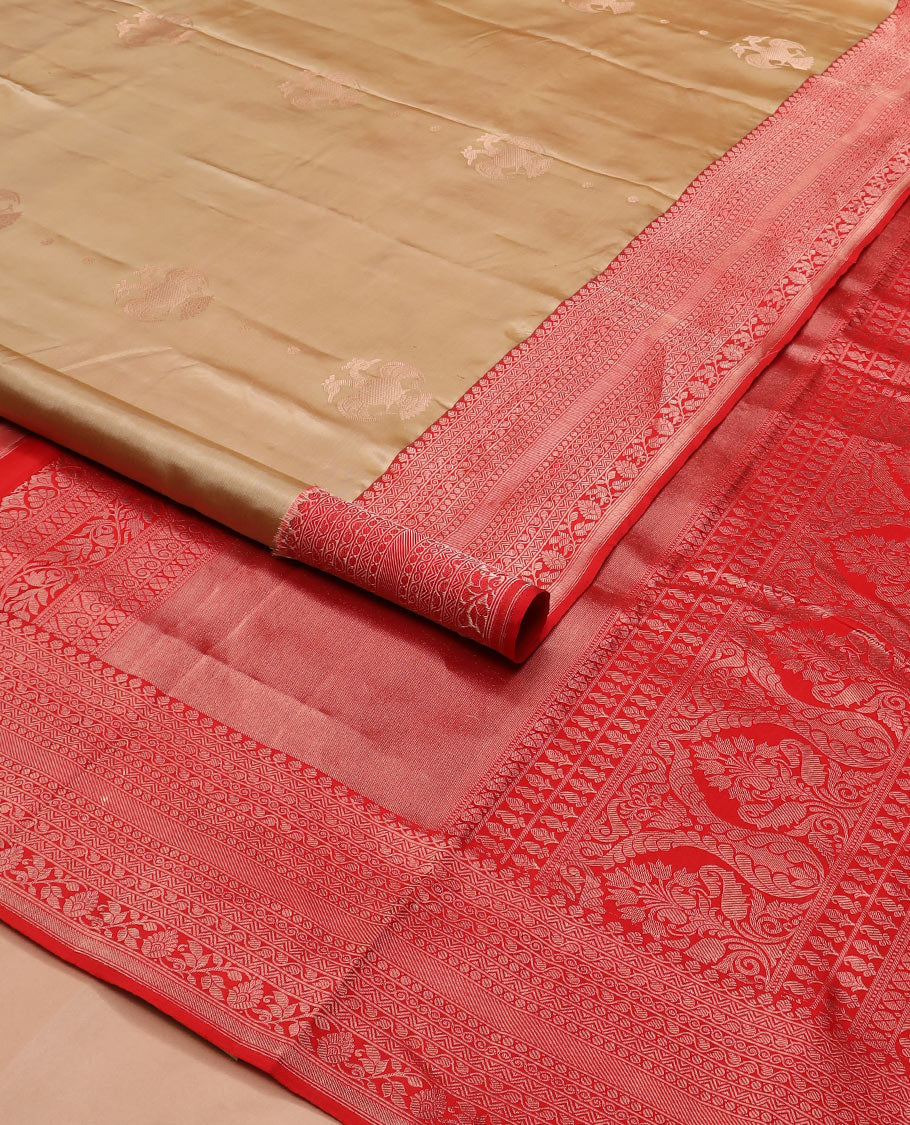 Gold iruthalai pakshi buttas woven silk saree, contrast border of thilakam mokku, neli, and kodi visiry designs, and pallu of traditional zari designs
