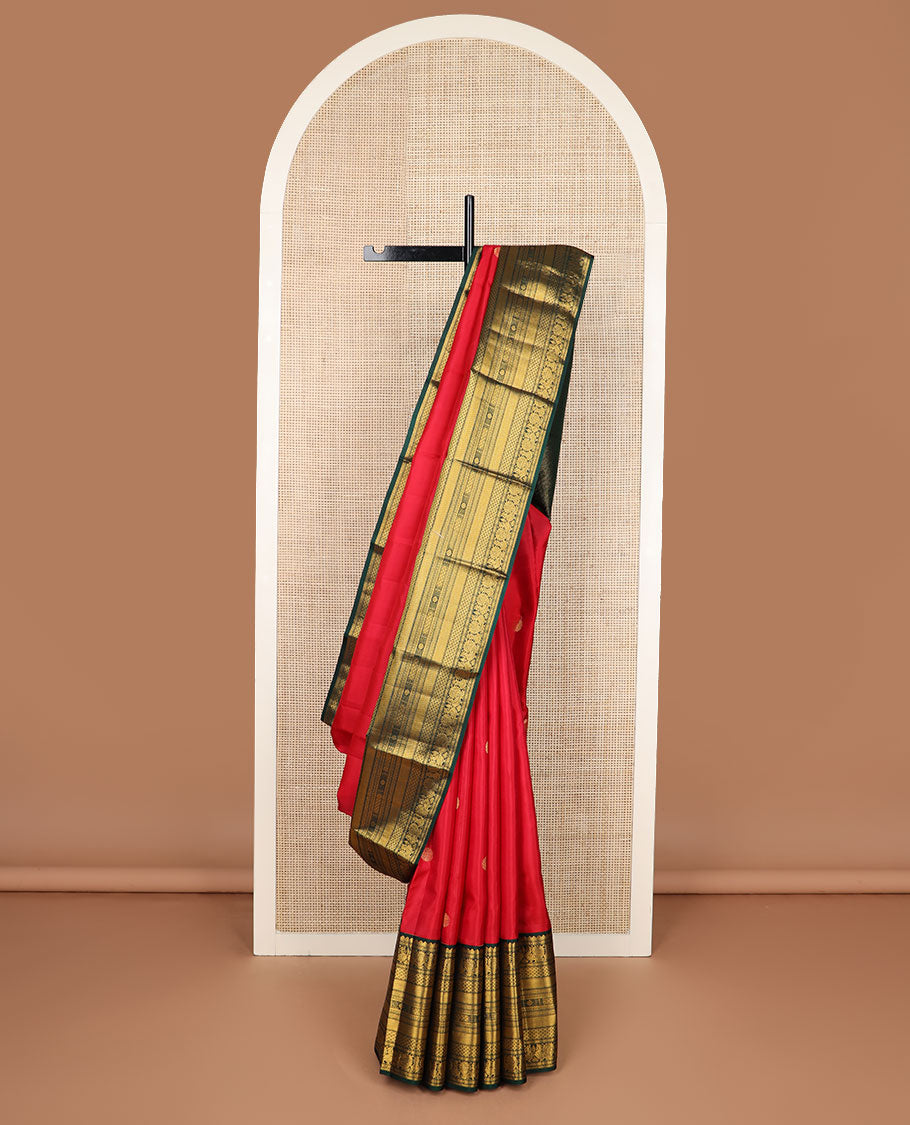 Red zari buttas silk saree, contrast border of rekku,mayil,paiyadi kann,muthu,banaras & zari designs & jaal pallu