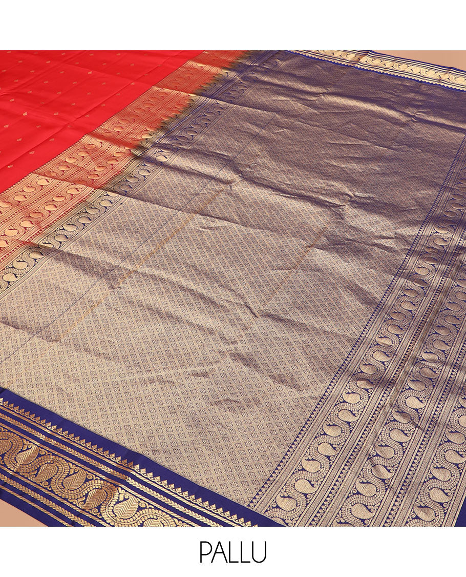 Red Vasundhara Silk Saree Elevated with Zari Buttas, Complemented by a Contrast Border of Thilakam Mokku, Banaras, Kathir, and Manga Designs, Featuring a Pallu of Jaal Designs, and a Contrast Blouse