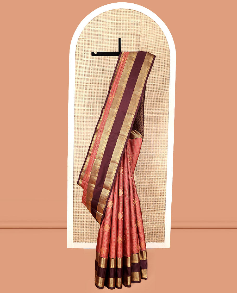 Peach Vasundhara Silk Saree, Accentuated with Zari Buttas and Checks, a Contrast Rettai Pettu Border of Rekku, Neli, Kodi Visiry, and Mayil Kann Designs, Grand Pallu, and a Contrast Blouse