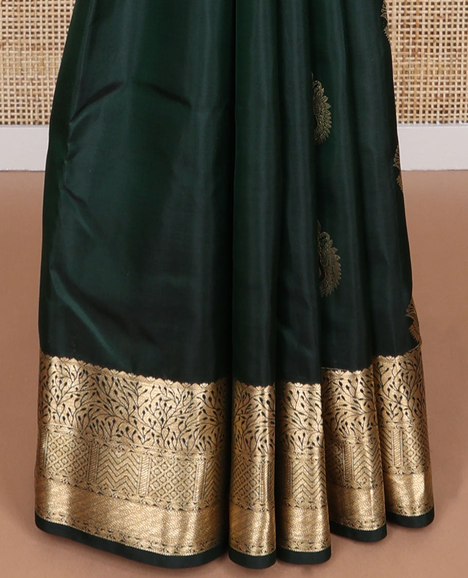 Bottle green leaf buttas silk saree with self floral design border & floral, paisley design pallu