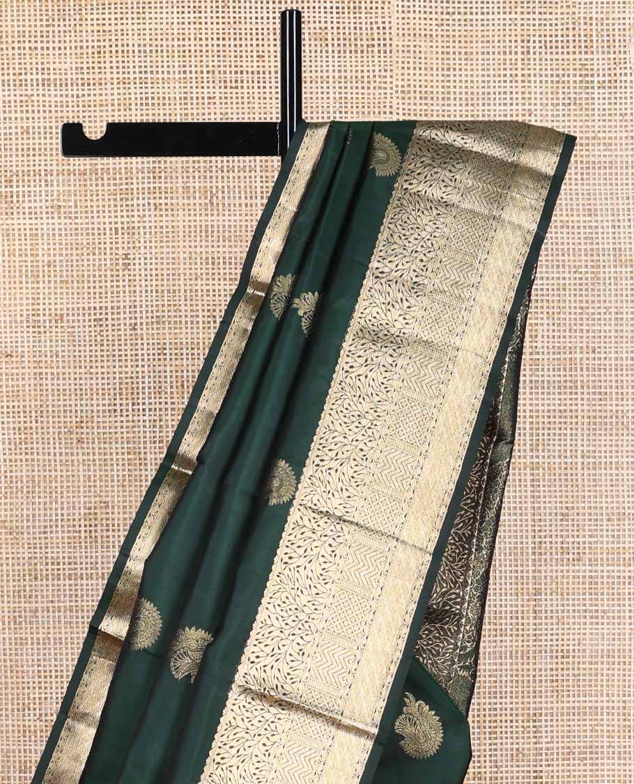 Bottle green leaf buttas silk saree with self floral design border & floral, paisley design pallu
